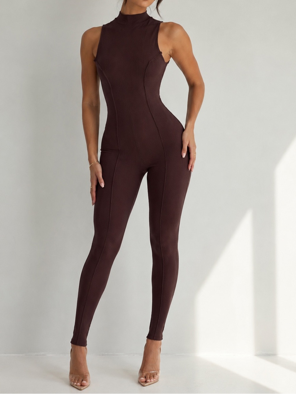 NWOT ! Naked, wardrobe Sleeveless Ribbed Mock-Neck Jumpsuit in Dark Brown